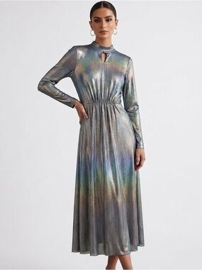 SHEIN Metallic Holographic Mock Neck Long Sleeve Midi Dress